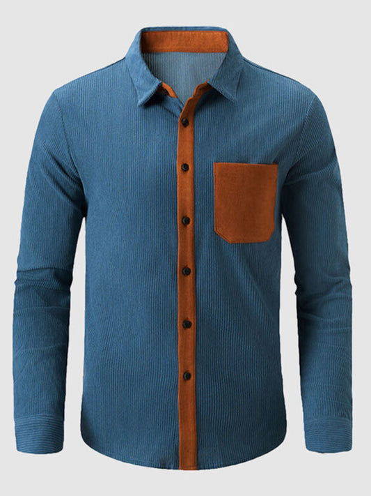 Men's Vintage Corduroy Fashion Color Block Patchwork Long Sleeve Shirt