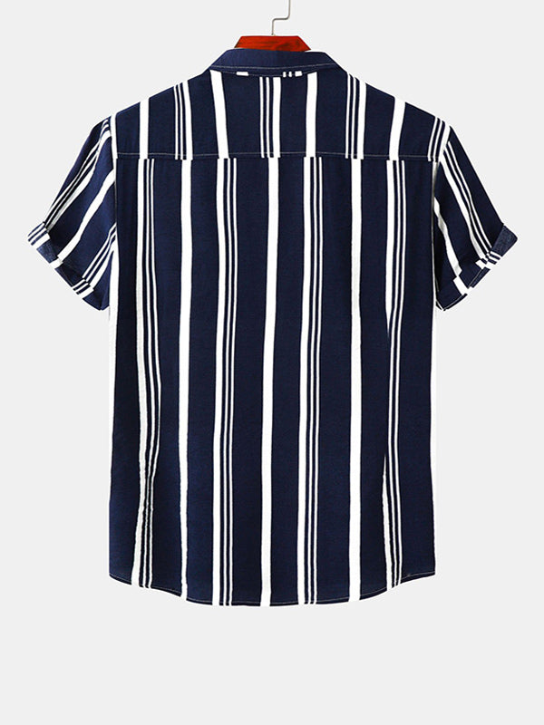 Men's Cotton Linen Stripe Short Sleeve Shirt blue