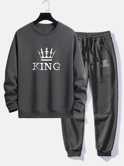 King Crown Print Relax Fit Crew Neck Sweatshirt & Jogging Pants Set