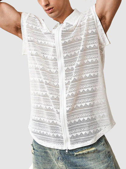 Men's lace vest elastic personality hollow lapel shirt