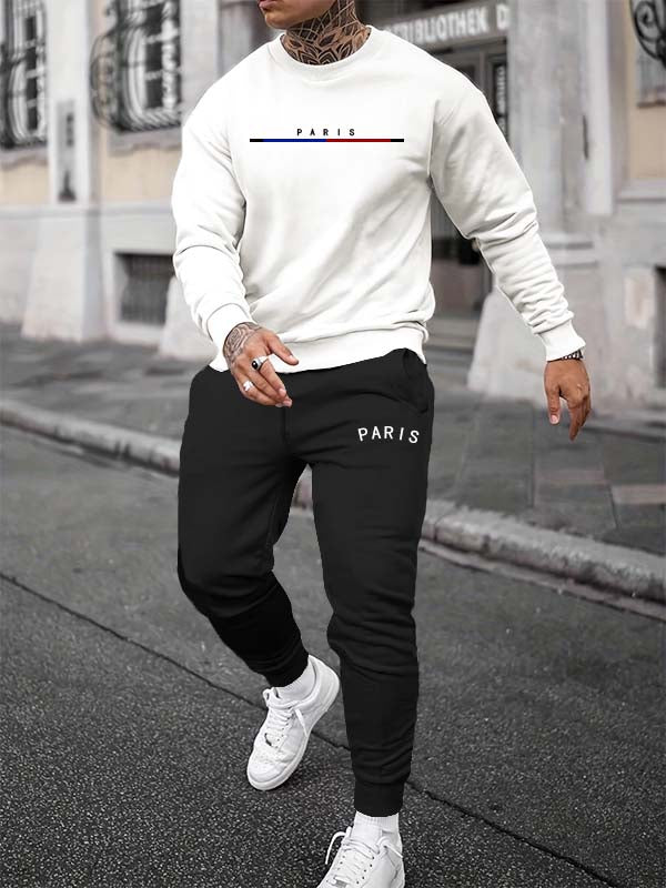 Men's "PARIS" letter print fleece casual sports set