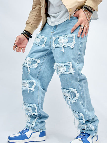 Men's Patchwork Distressed Denim Jeans