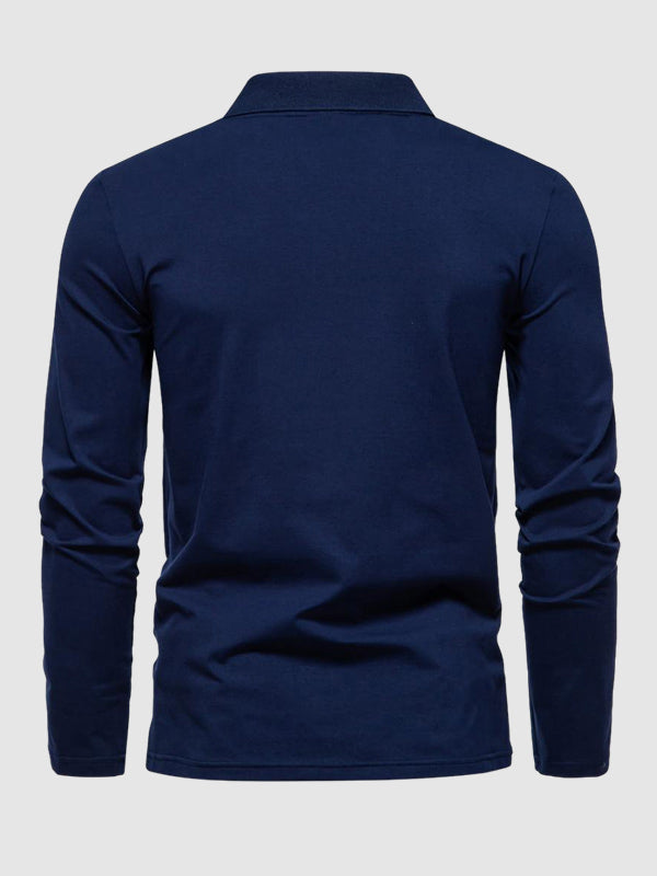 Men's Retro Solid Color V-Neck Lapel POLO Long Sleeve T-Shirt