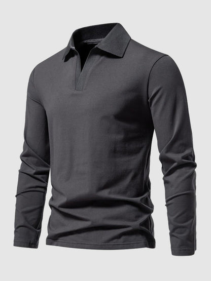 Men's Retro Solid Color V-Neck Lapel POLO Long Sleeve T-Shirt