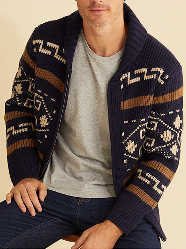 Men's lapel jacquard knitted casual sweater cardigan jacket