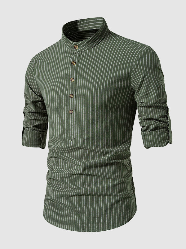 Men's cotton-linen stand collar half button striped casual long sleeve shirt