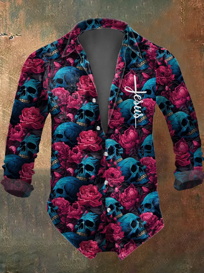 Men's Vintage Skull Floral Print Shirt