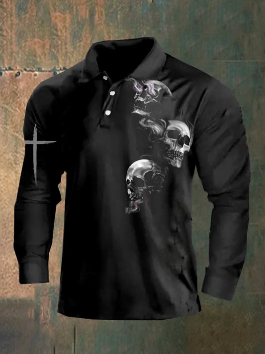 Dark style skull long sleeve polo shirt