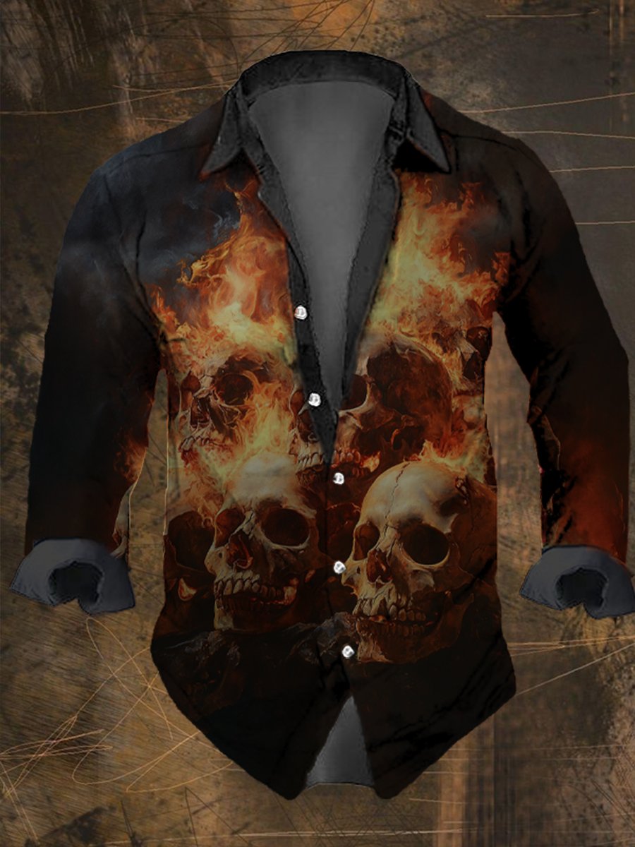 Men's Vintage Flame Skull Print Long Sleeve Shirt