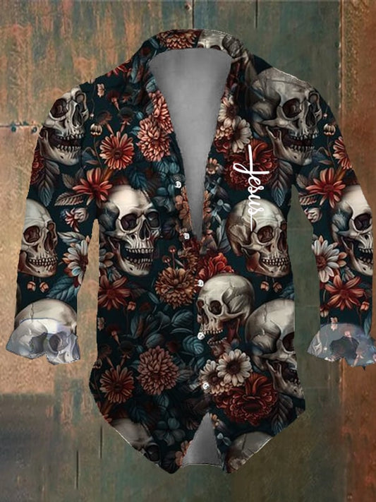 Men's Vintage Dark Skull Print Long Sleeve Shirt