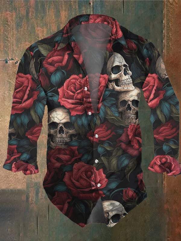 Men's Vintage Dark Skull Print Long Sleeve Shirt