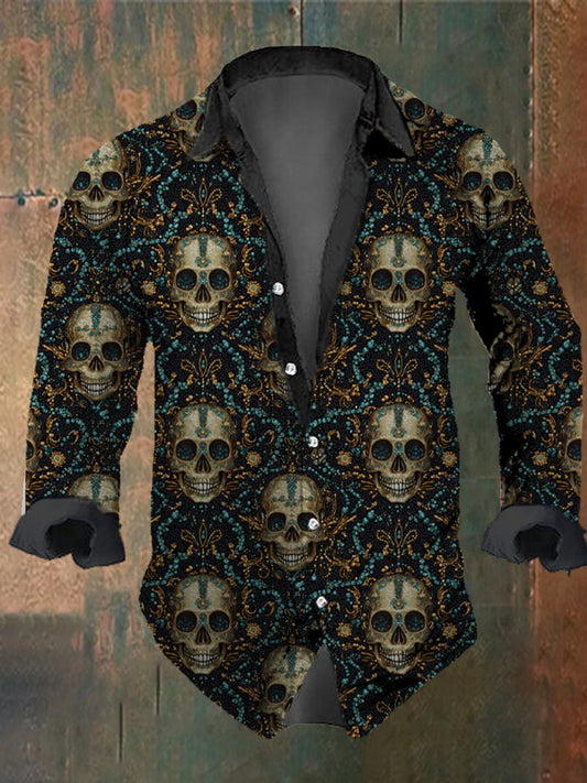 Men's Vintage Diamond Skull Print Long Sleeve Shirt