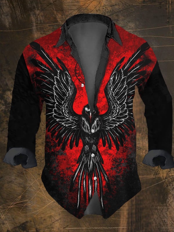 Men's Vintage Viking Print Lapel Long Sleeve Shirt