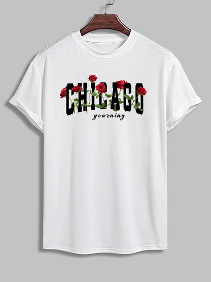 Men's CHICAGO rose print casual round neck short-sleeved T-shirt