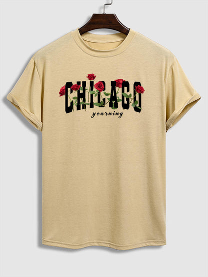 Men's CHICAGO rose print casual round neck short-sleeved T-shirt