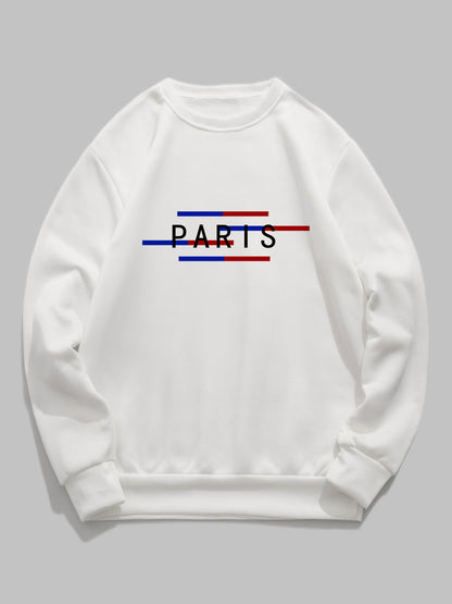 Men's "PARIS" Pattern Plush-Lined Pullover Crewneck Sweatshirt