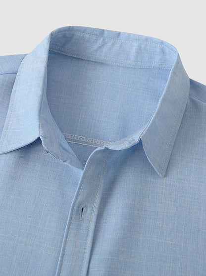 Men's solid color Cotton-linen button casual short-sleeved shirt