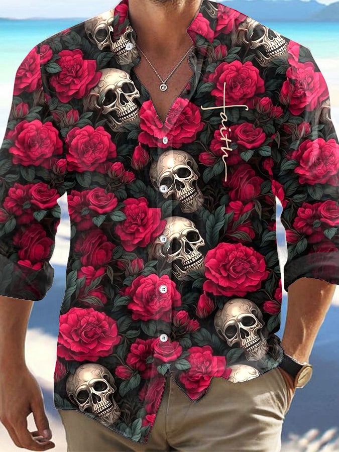 Men's Dark Skull Print Long Sleeve Shirt