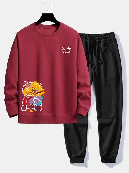 Graffiti Bear Print Relax Fit Sweatshirt & Jogging Pants