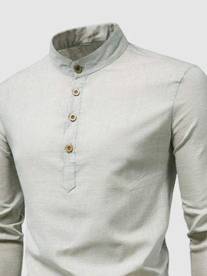 Men's Solid Color Cotton Linen Stand Collar Shirt