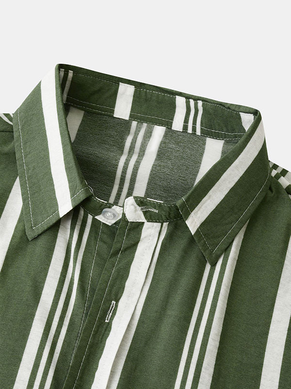 Men's Cotton Linen Stripe Short Sleeve Shirt green