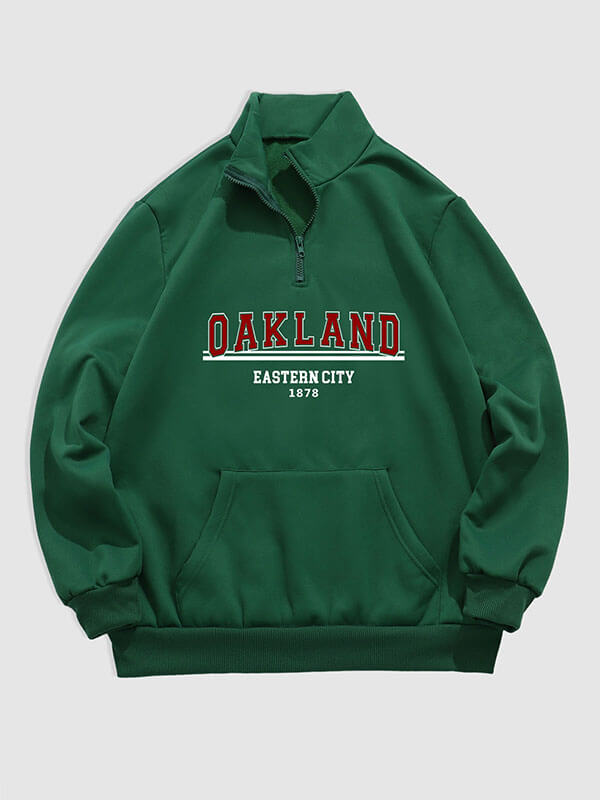 Men's "OSAKLAND" letter print quarter-zip stand collar sweatshirt