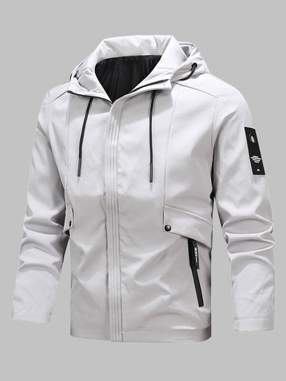 Men's solid color stylish double pocket zipper hooded jacket