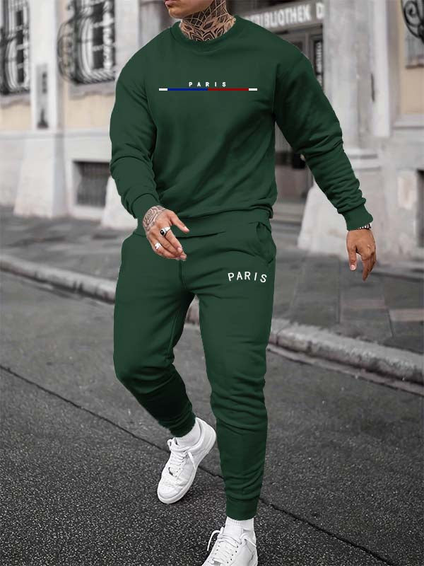 Men's "PARIS" letter print fleece casual sports set