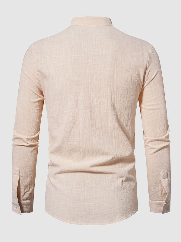 Men's cotton-linen stand collar casual long-sleeved shirt