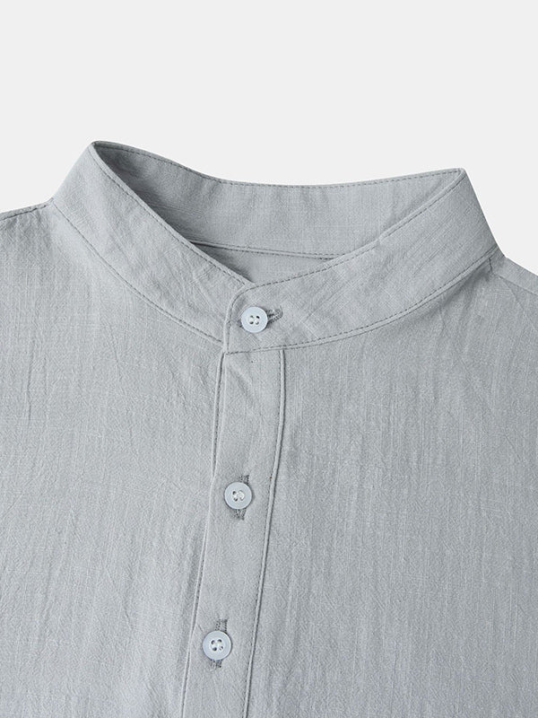 Men's Cotton Linen Textured Half Placket Short Sleeve Shirt grey