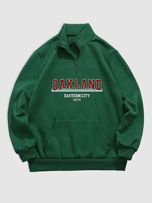 Men's "OSAKLAND" letter print quarter-zip stand collar sweatshirt