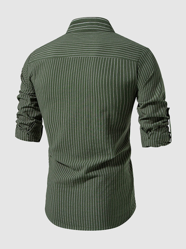 Men's cotton-linen stand collar half button striped casual long sleeve shirt