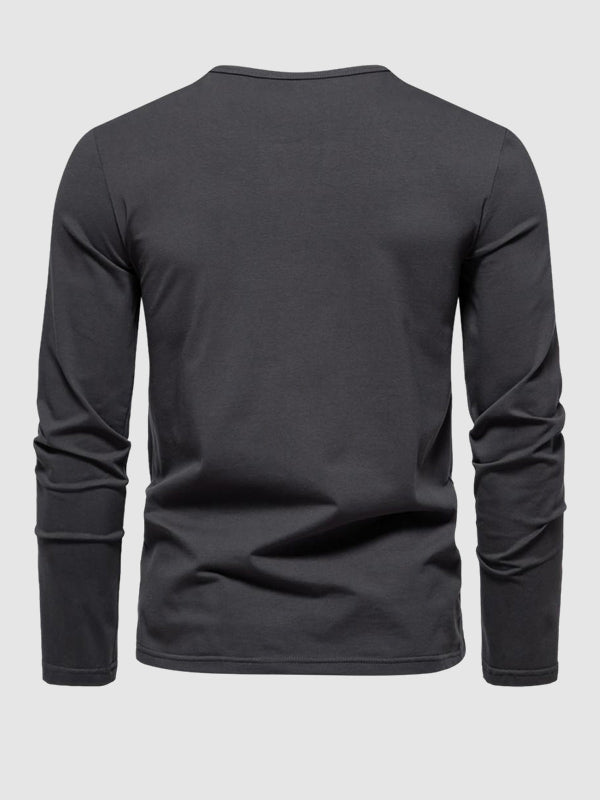 Men's Solid Color Henley V-Neck Long Sleeve Casual T-Shirt