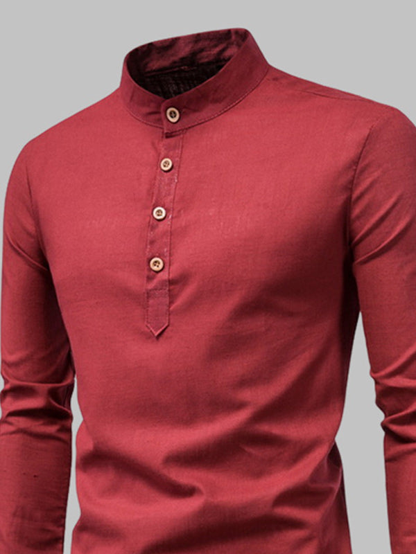 Men's Solid Color Cotton Linen Stand Collar Shirt