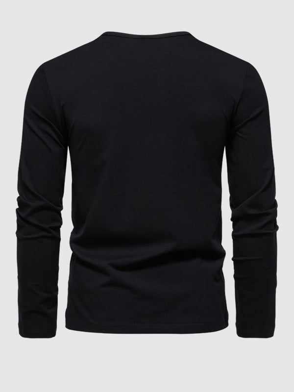 Men's Solid Color Henley V-Neck Long Sleeve Casual T-Shirt