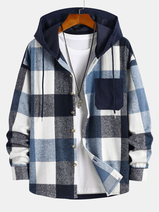 Men's Relax Fit Flannel Plaid Corduroy Patchwork Hooded Jacket