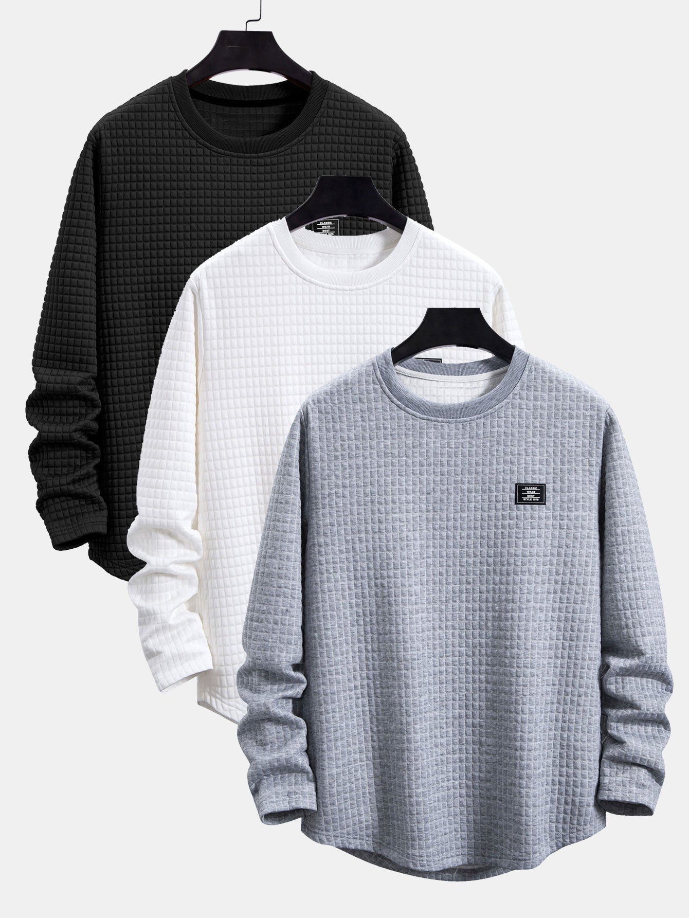 3 Pieces Long Sleeve Waffle Arc Hem T-Shirts