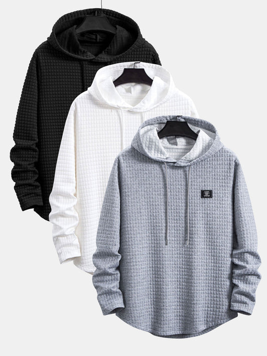 3 Pieces Long Sleeve Waffle Hooded Arc Hem T-Shirts