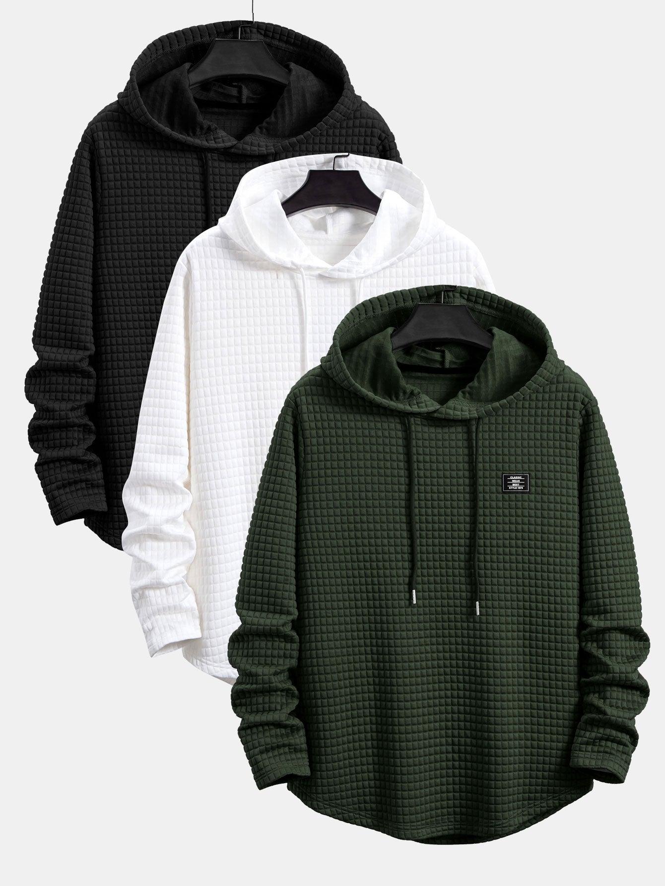 3 Pieces Long Sleeve Waffle Hooded Arc Hem T-Shirts