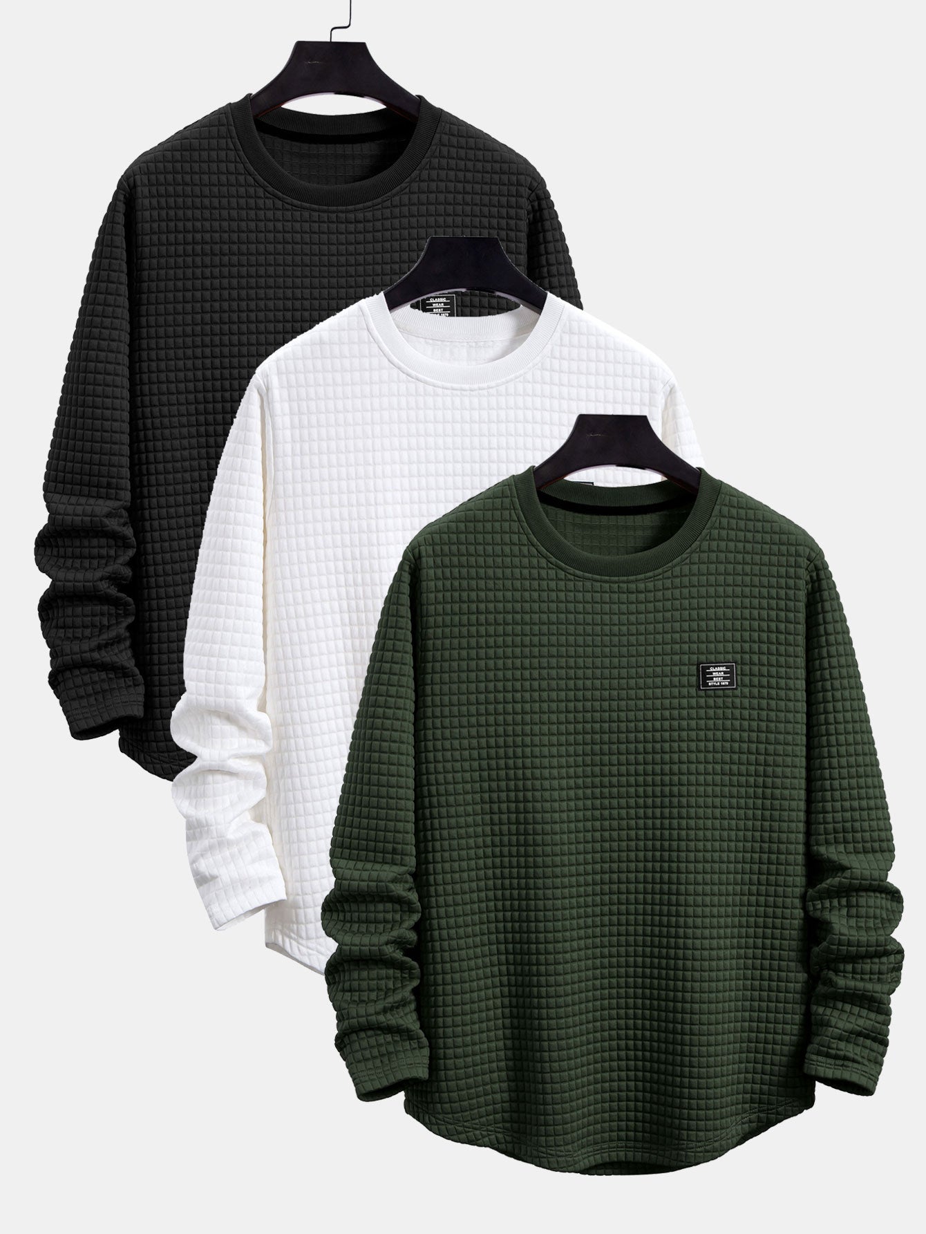 3 Pieces Long Sleeve Waffle Arc Hem T-Shirts