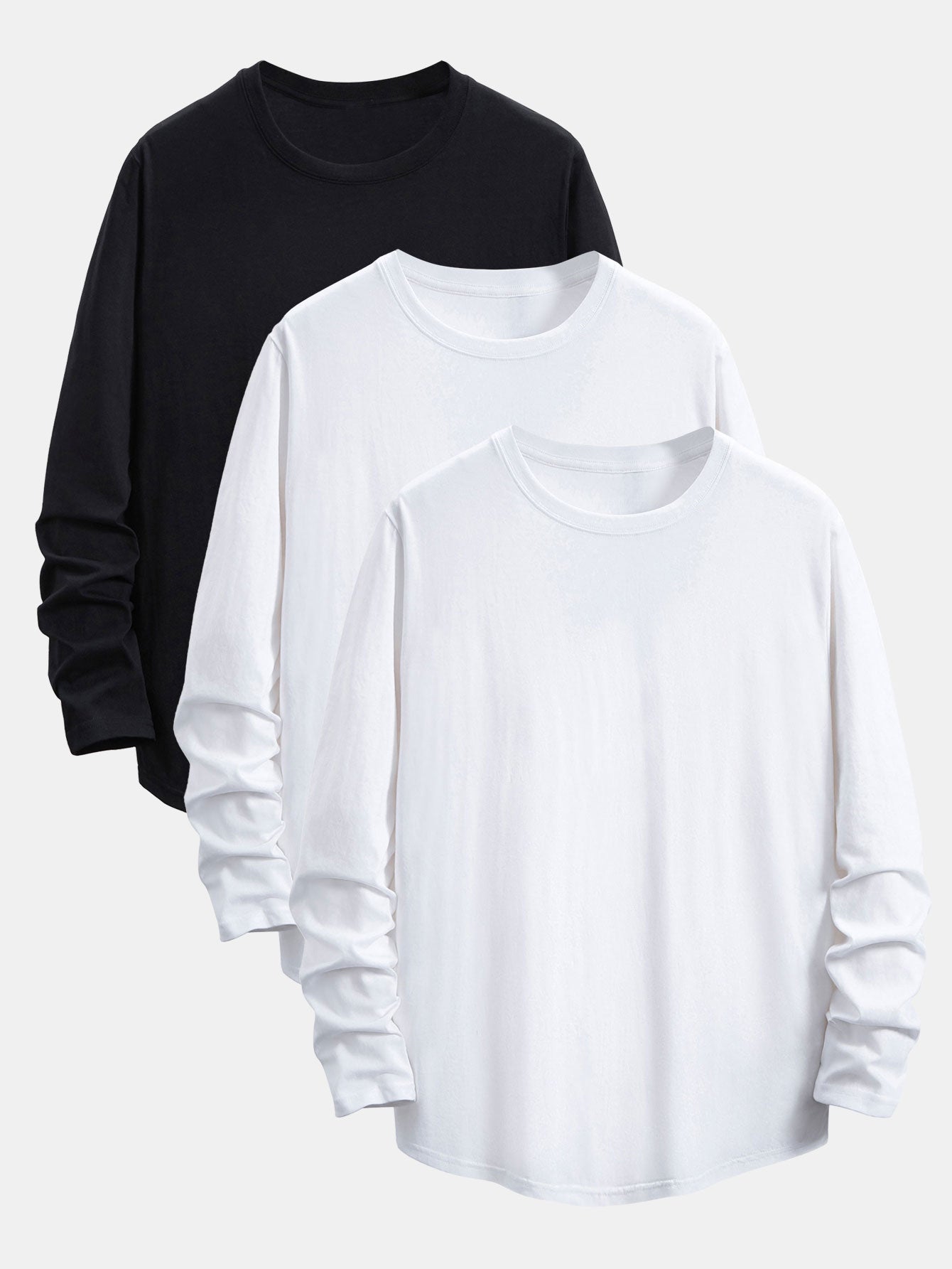 3 Pieces Basic Long Sleeve Cotton Arc Hem T-Shirts