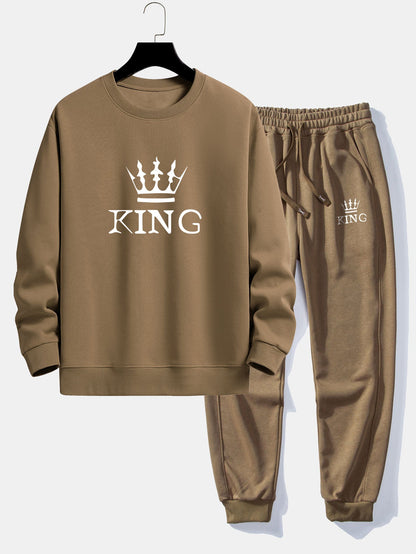 King Crown Print Relax Fit Crew Neck Sweatshirt & Jogging Pants Set