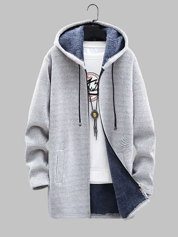 Men's Fleece-lined thickened knitted zipper Long  hooded jacket