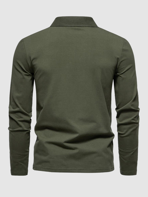 Men's Retro Solid Color V-Neck Lapel POLO Long Sleeve T-Shirt