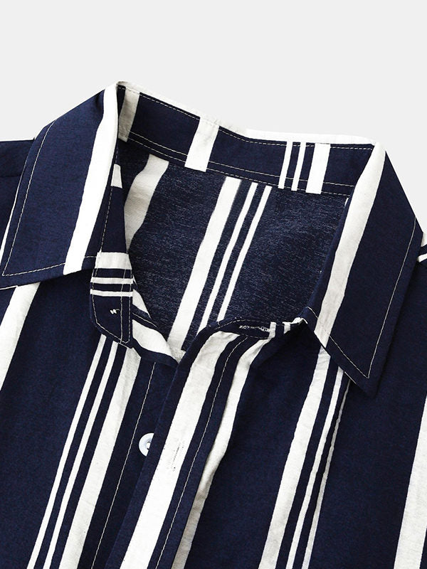 Men's Cotton Linen Stripe Short Sleeve Shirt blue