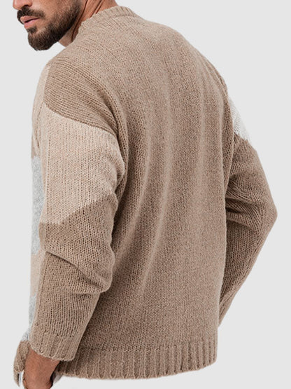 Men's Contrast Color Casual Jacquard Pullover Thick Knit Sweater