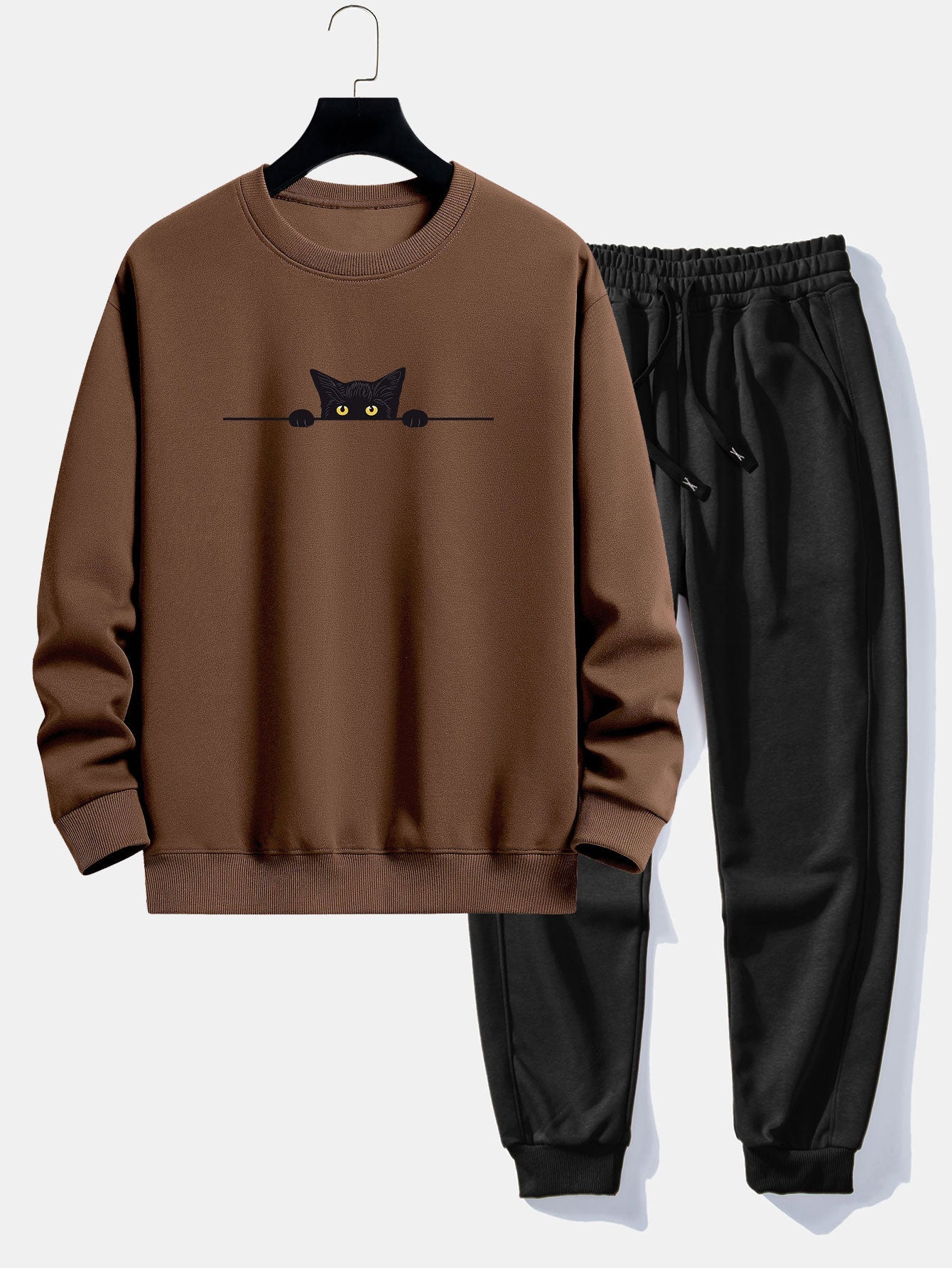 Black Cat Print Relax Fit Sweatshirt & Jogging Pants