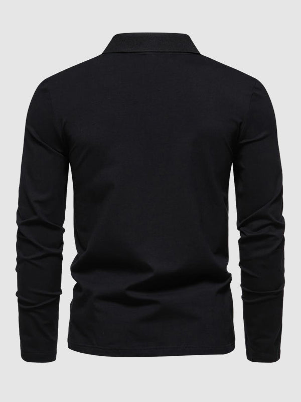 Men's Retro Solid Color V-Neck Lapel POLO Long Sleeve T-Shirt