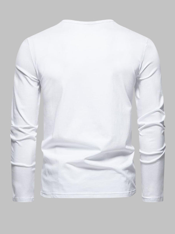 Men's Solid Color Henley V-Neck Long Sleeve Casual T-Shirt