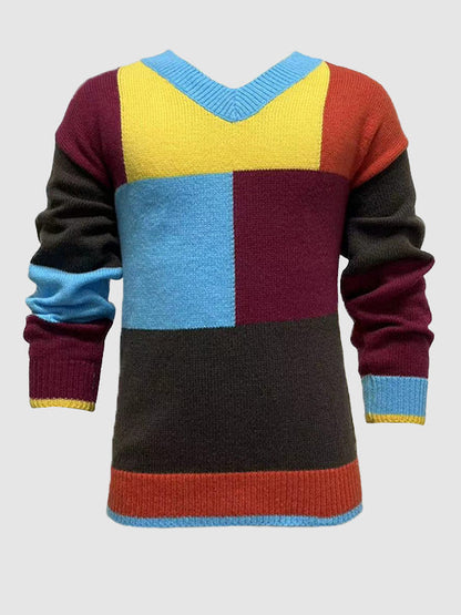 Men's colorful casual patchwork V-neck sweater